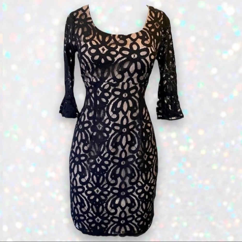 Rabbit Rabbit Rabbit Black & Nude Lace Quarter Sleeve Dress